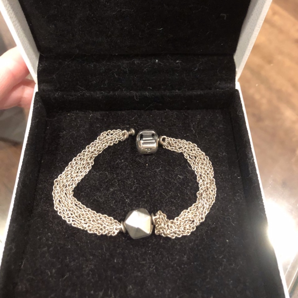 PANDORA 6" STERLING SILVER MULTI CHAIN BRACELET WITH GEO ROCK STUD CLIP CHARM